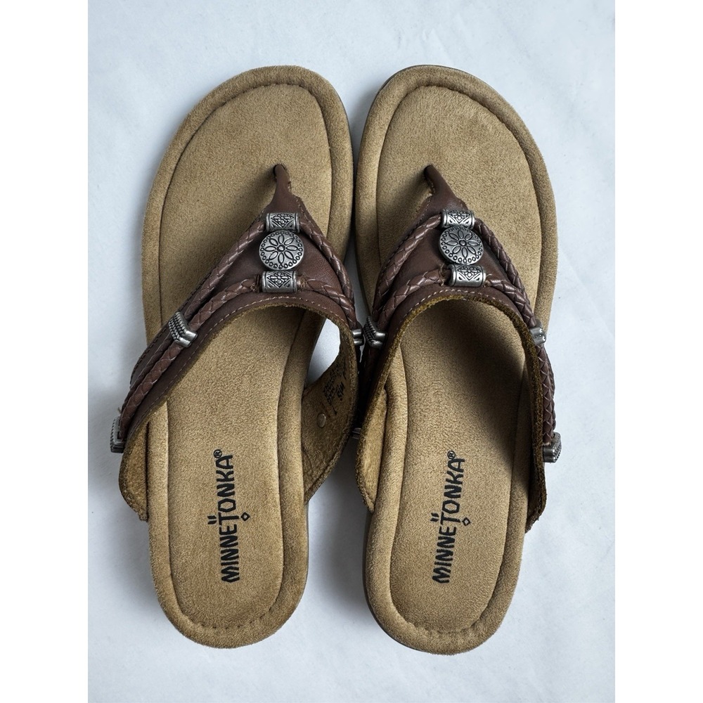 Minnetonka Women's Leather Thong Sandals Southwest/Native 360 Comfort Size 7 EUC - Picture 7 of 9